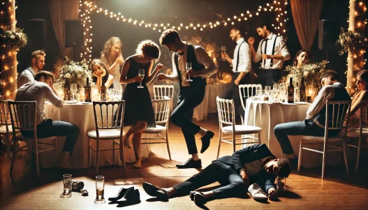 DALL·E 2025-02-17 11.39.30 - A nighttime wedding reception scene. The bride and groom are dancing energetically with a glass in hand, trying to motivate their exhausted guests. So