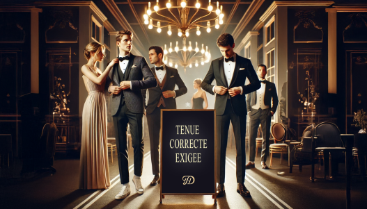 DALL·E 2025-02-17 11.44.06 - An elegant wedding reception entrance with a stylish sign that reads 'Tenue Correcte Exigée' in a sophisticated font. A well-dressed couple in formal_